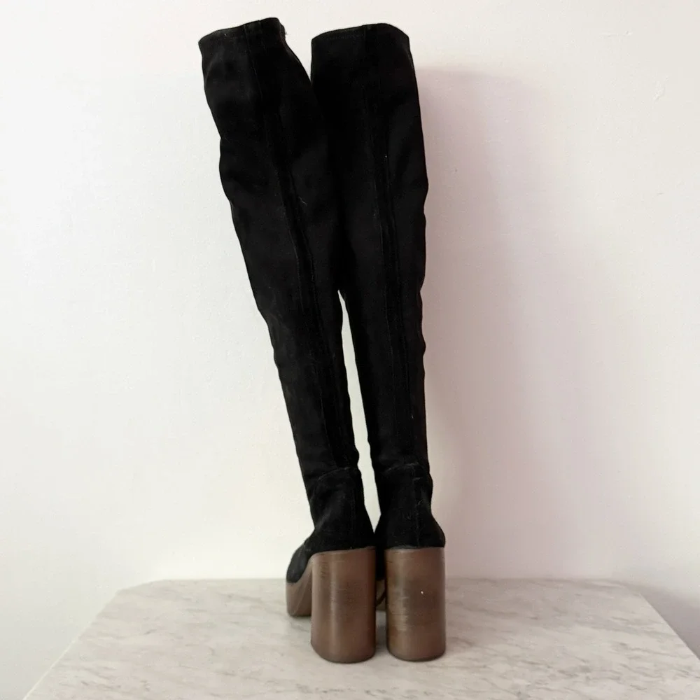 Topshop Platform Over The Knee Boots 70s Retro Black Suede 39 Wood Block Heel